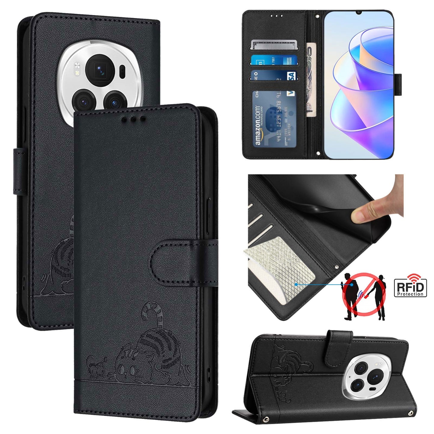 Honor Magic6 Pro 5G Global Cat and Rat Embossed Pattern, RFID Leather Phone Case with Lanyard, Kickstand, and Wallet Features