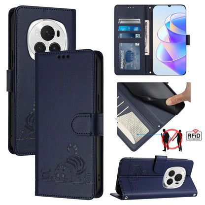 Honor Magic6 Pro 5G Global Cat and Rat Embossed Pattern, RFID Leather Phone Case with Lanyard, Kickstand, and Wallet Features