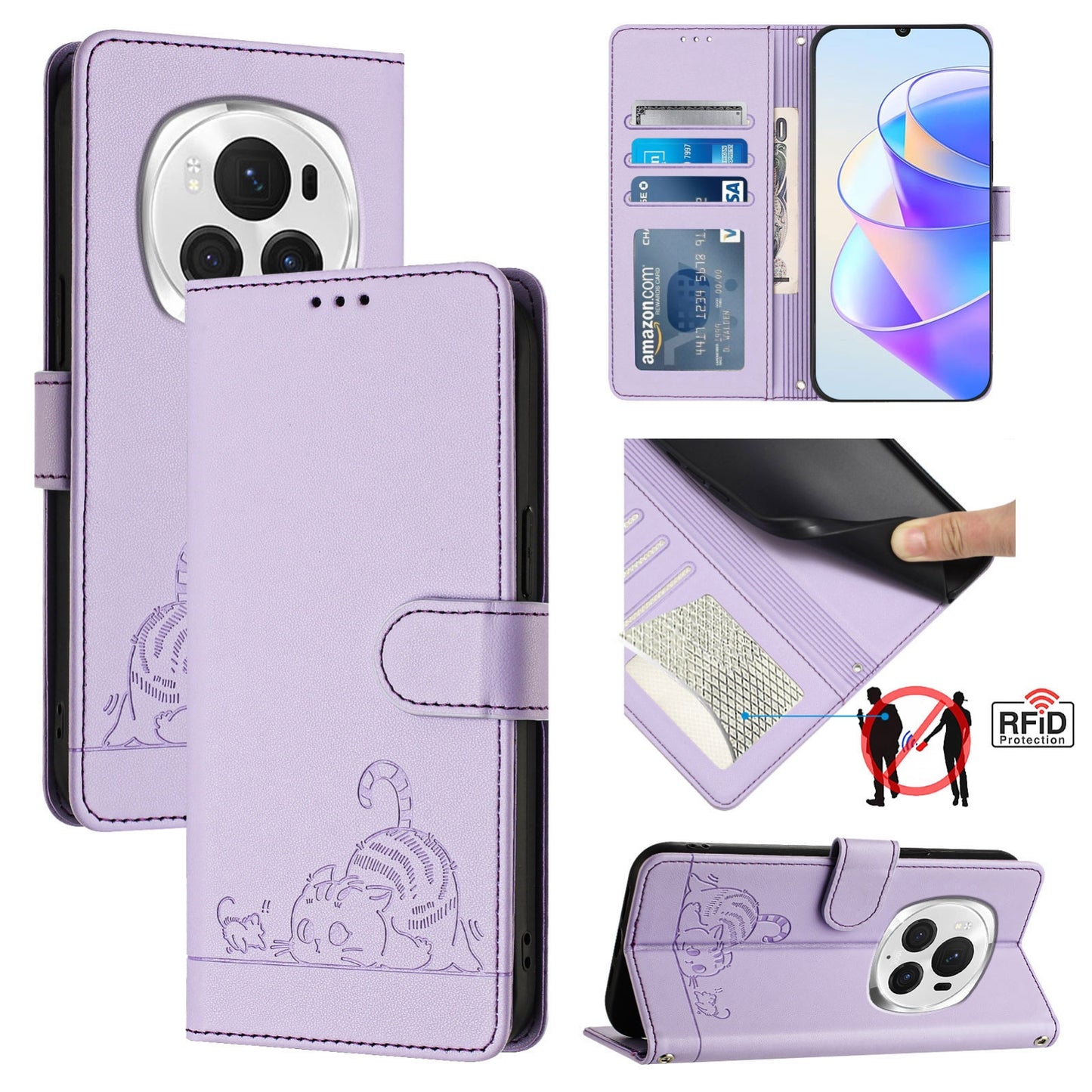 Honor Magic6 Pro 5G Global Cat and Rat Embossed Pattern, RFID Leather Phone Case with Lanyard, Kickstand, and Wallet Features