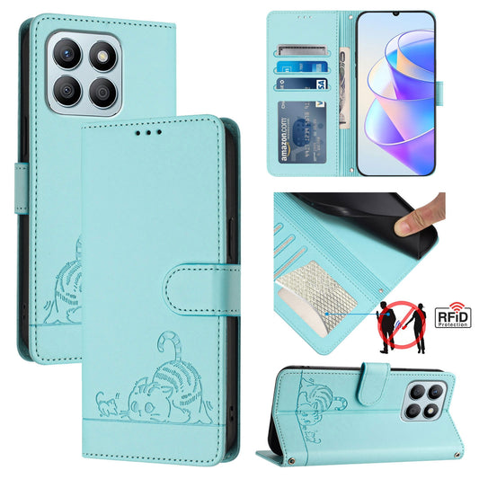 Honor X6a 4G Cat and Rat Embossed Pattern, RFID Leather Phone Case with Lanyard, Kickstand, and Wallet Features