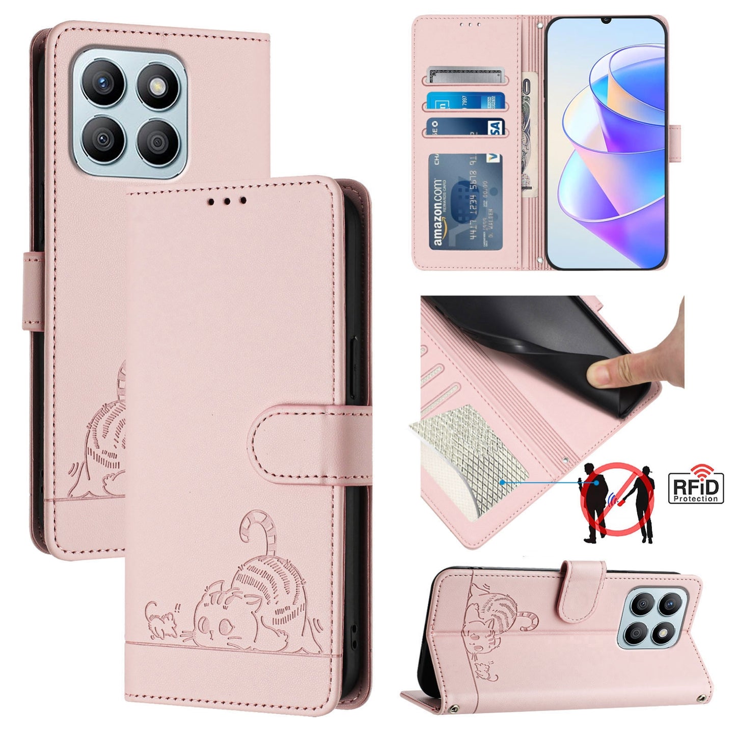 Honor X6a 4G Cat and Rat Embossed Pattern, RFID Leather Phone Case with Lanyard, Kickstand, and Wallet Features