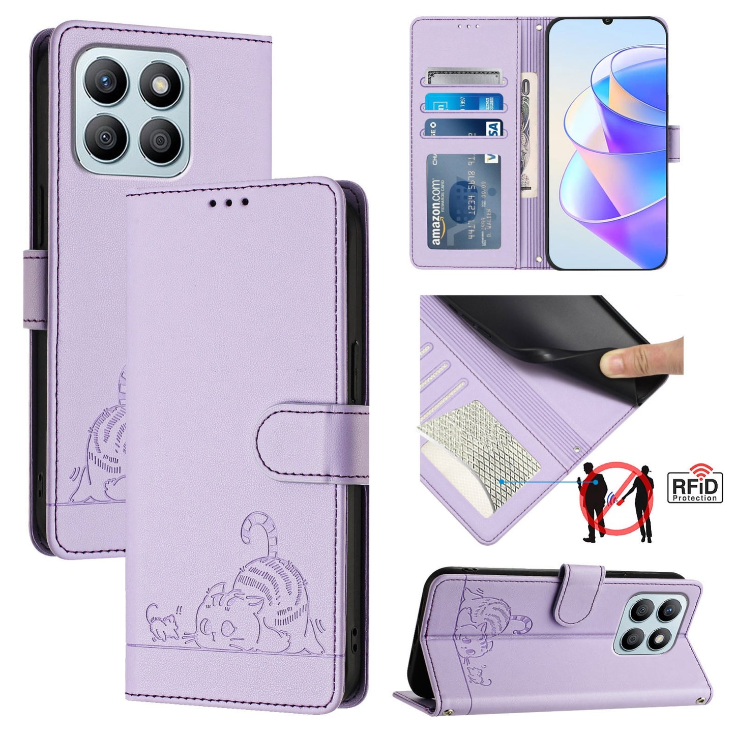 Honor X6a 4G Cat and Rat Embossed Pattern, RFID Leather Phone Case with Lanyard, Kickstand, and Wallet Features