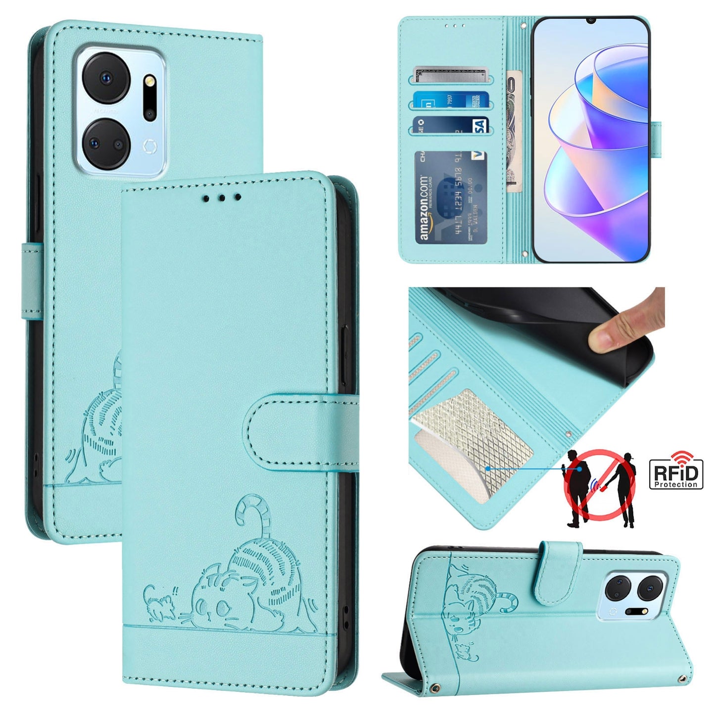 Honor X7a 4G Cat and Rat Embossed Pattern, RFID Leather Phone Case with Lanyard, Kickstand, and Wallet Features