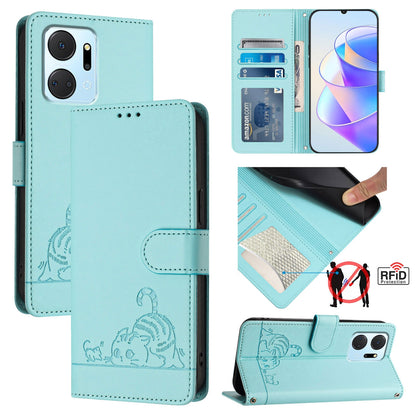 Honor Play7T 5G Cat and Rat Embossed Pattern, RFID Leather Phone Case with Lanyard, Kickstand, and Wallet Features