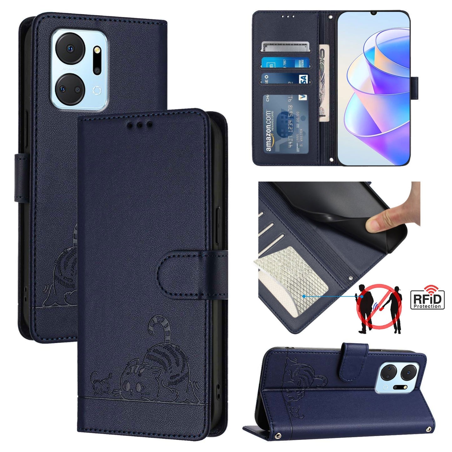 Honor Play7T 5G Cat and Rat Embossed Pattern, RFID Leather Phone Case with Lanyard, Kickstand, and Wallet Features