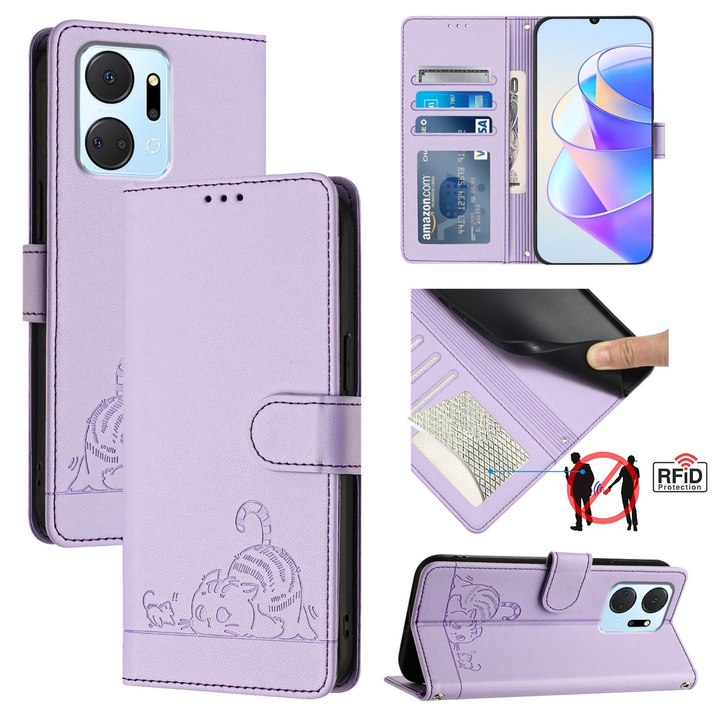 Honor X7a 4G Cat and Rat Embossed Pattern, RFID Leather Phone Case with Lanyard, Kickstand, and Wallet Features