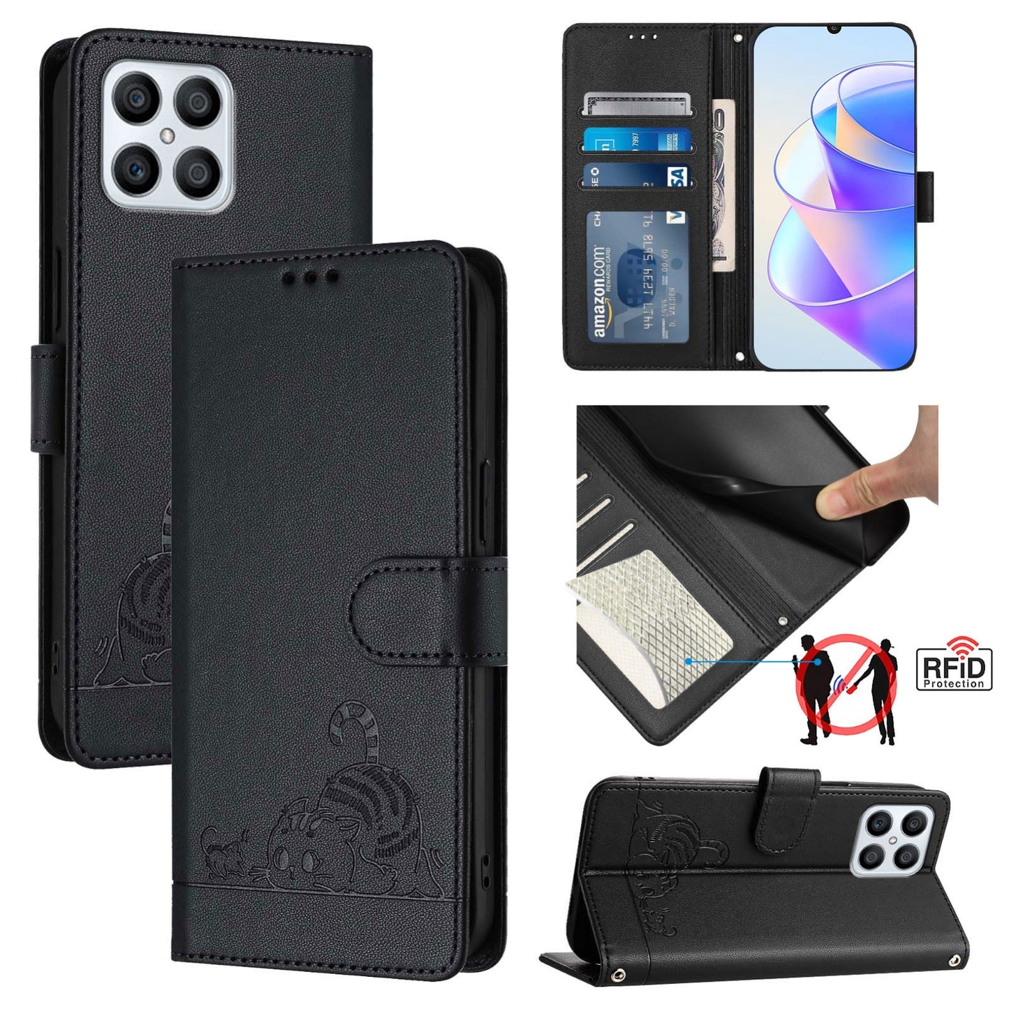 Honor X8 4G Cat and Rat Embossed Pattern, RFID Leather Phone Case with Lanyard, Kickstand, and Wallet Features