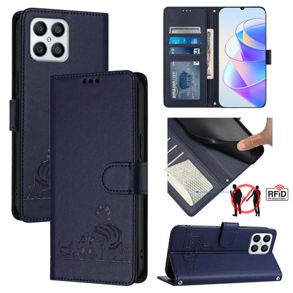 Honor X8 4G Cat and Rat Embossed Pattern, RFID Leather Phone Case with Lanyard, Kickstand, and Wallet Features