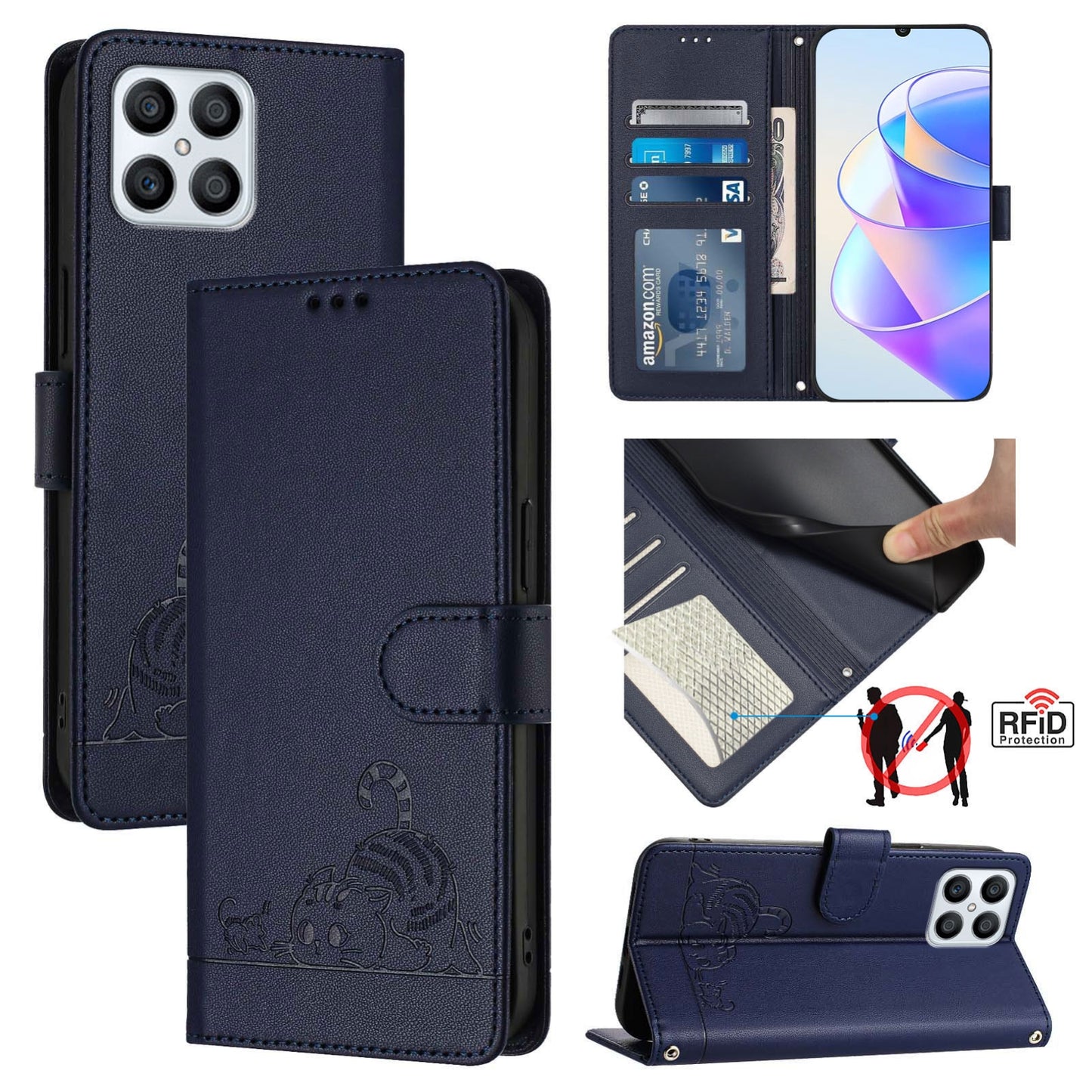 Honor X30i 5G Cat and Rat Embossed Pattern, RFID Leather Phone Case with Lanyard, Kickstand, and Wallet Features