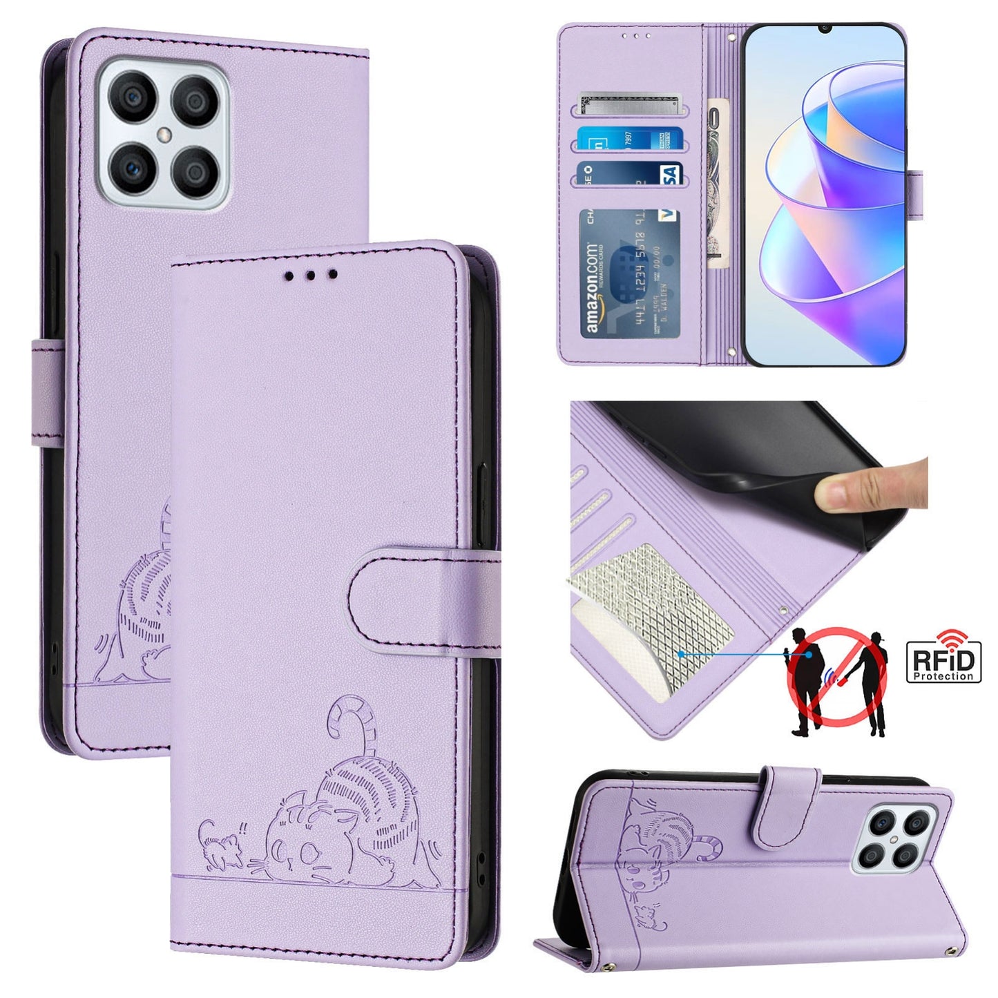 Honor X8 4G Cat and Rat Embossed Pattern, RFID Leather Phone Case with Lanyard, Kickstand, and Wallet Features