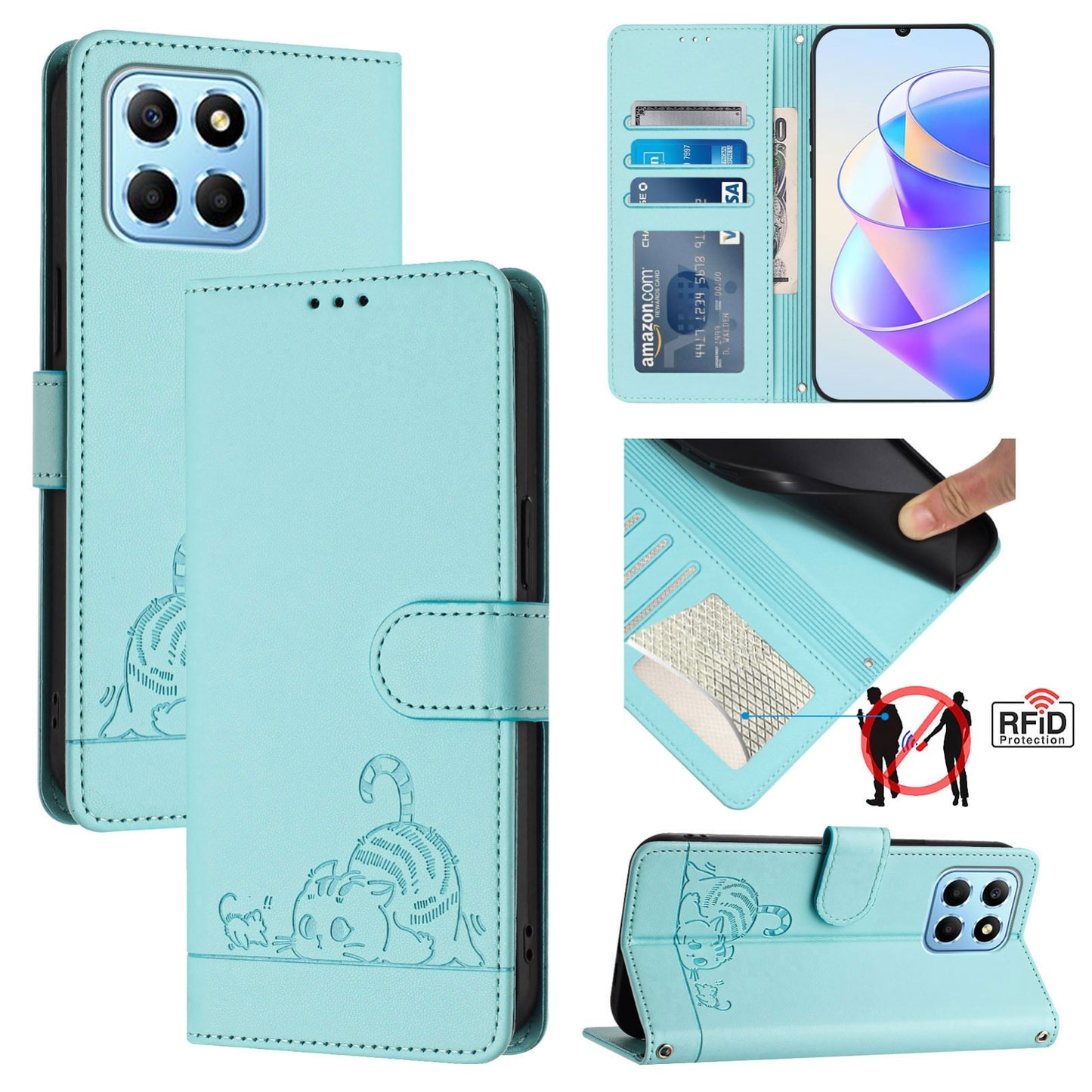 Honor X8 5G Global Cat and Rat Embossed Pattern, RFID Leather Phone Case with Lanyard, Kickstand, and Wallet Features