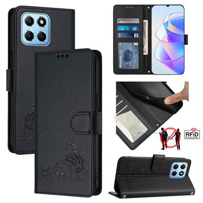 Honor X8 5G Global Cat and Rat Embossed Pattern, RFID Leather Phone Case with Lanyard, Kickstand, and Wallet Features