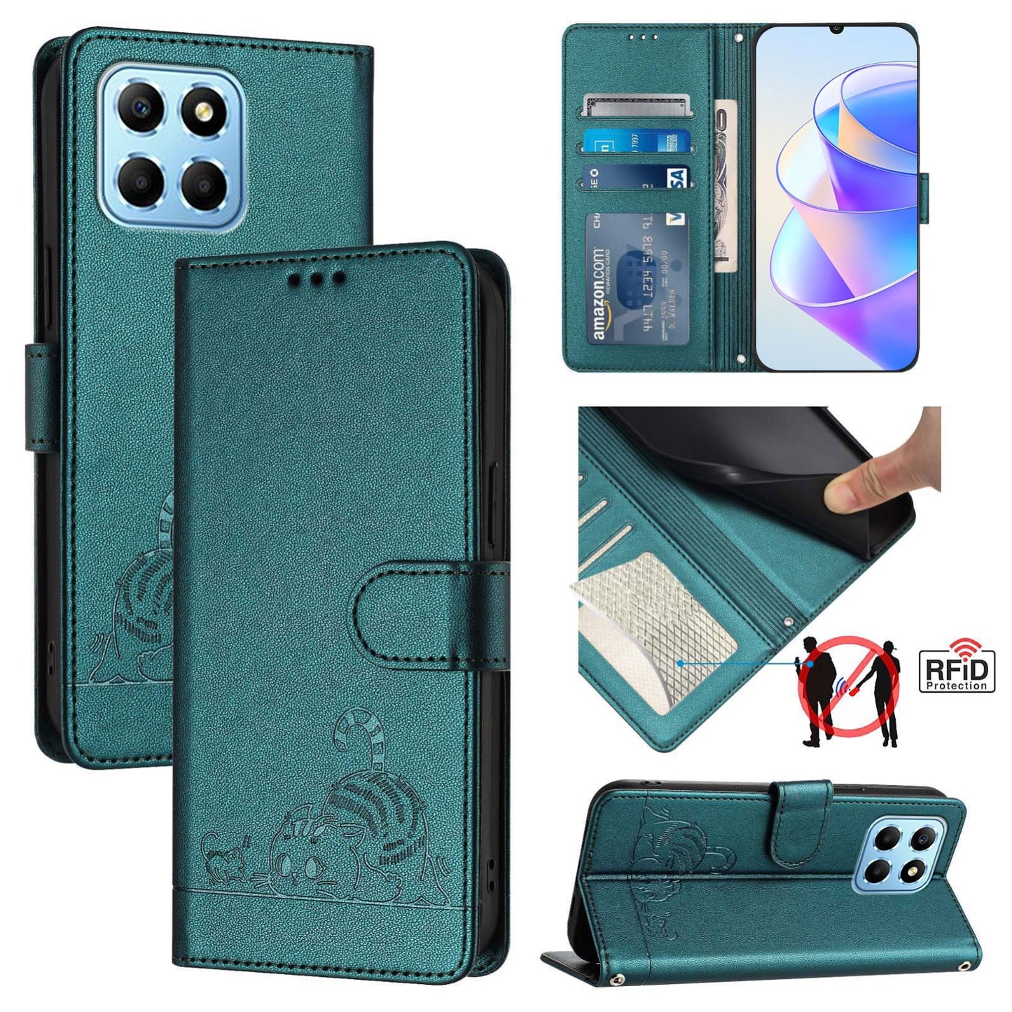 Honor X8 5G Global Cat and Rat Embossed Pattern, RFID Leather Phone Case with Lanyard, Kickstand, and Wallet Features