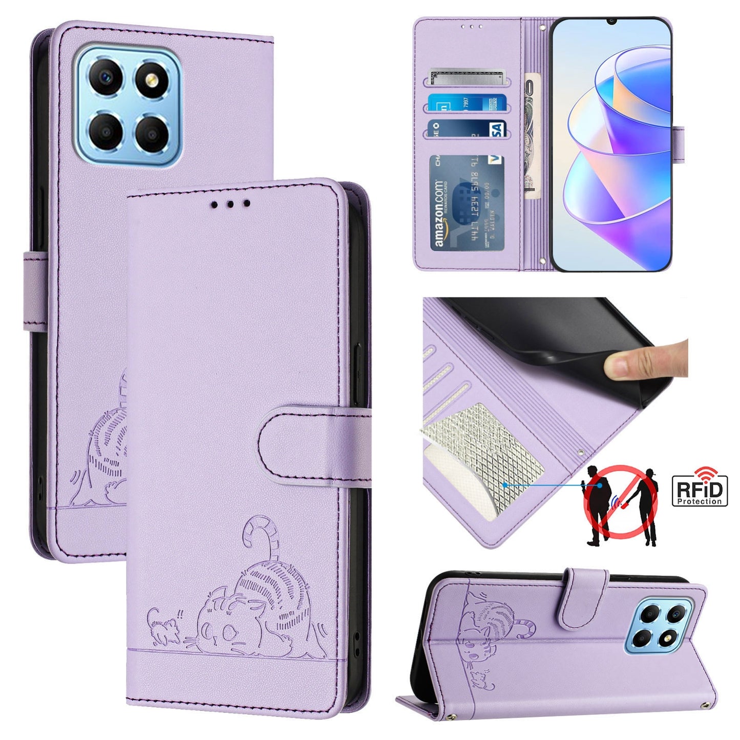 Honor X8 5G Global Cat and Rat Embossed Pattern, RFID Leather Phone Case with Lanyard, Kickstand, and Wallet Features