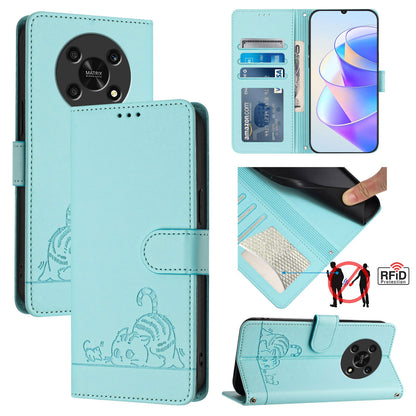 Honor X30 5G Cat and Rat Embossed Pattern, RFID Leather Phone Case with Lanyard, Kickstand, and Wallet Features