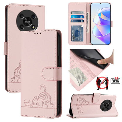 Honor X30 5G Cat and Rat Embossed Pattern, RFID Leather Phone Case with Lanyard, Kickstand, and Wallet Features