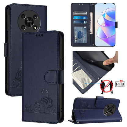 Honor X30 5G Cat and Rat Embossed Pattern, RFID Leather Phone Case with Lanyard, Kickstand, and Wallet Features