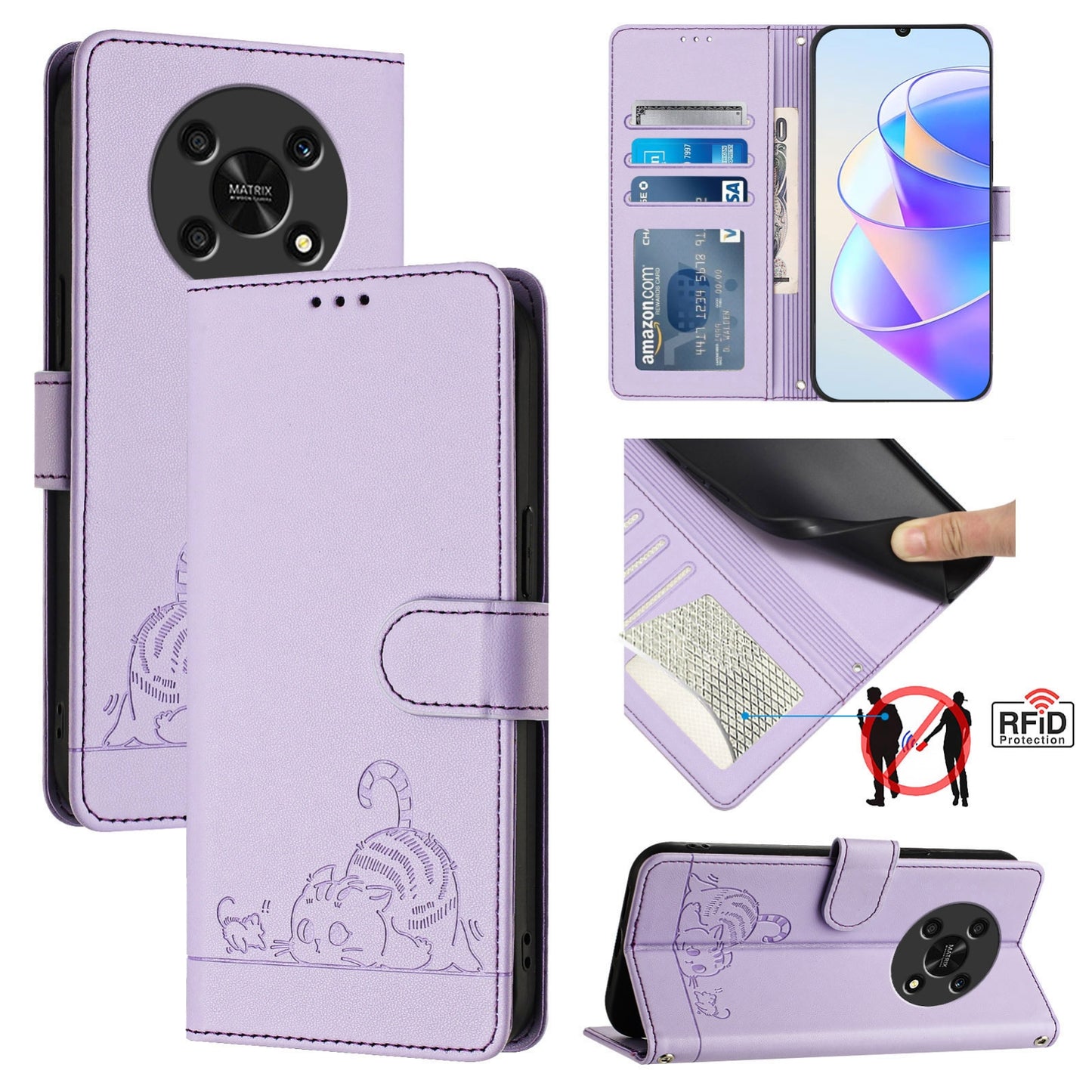 Honor X30 5G Cat and Rat Embossed Pattern, RFID Leather Phone Case with Lanyard, Kickstand, and Wallet Features