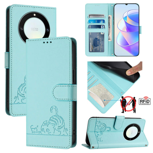 Honor X40 5G Cat and Rat Embossed Pattern, RFID Leather Phone Case with Lanyard, Kickstand, and Wallet Features