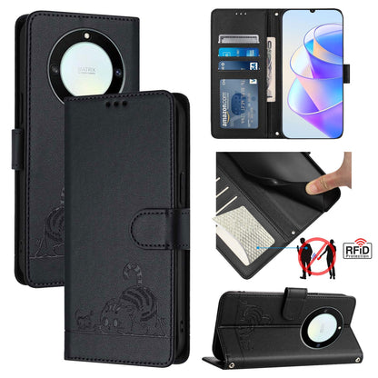 Honor X40 5G Cat and Rat Embossed Pattern, RFID Leather Phone Case with Lanyard, Kickstand, and Wallet Features