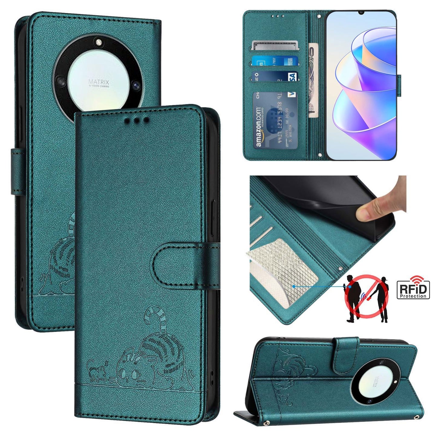 Honor X40 5G Cat and Rat Embossed Pattern, RFID Leather Phone Case with Lanyard, Kickstand, and Wallet Features