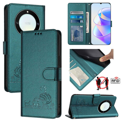 Honor Magic5 Lite Cat and Rat Embossed Pattern, RFID Leather Phone Case with Lanyard, Kickstand, and Wallet Features