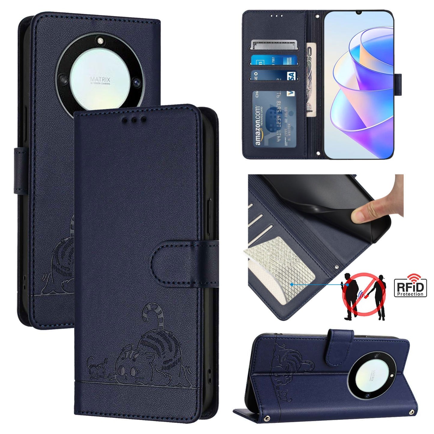 Honor X40 5G Cat and Rat Embossed Pattern, RFID Leather Phone Case with Lanyard, Kickstand, and Wallet Features