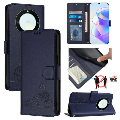 Honor Magic5 Lite Cat and Rat Embossed Pattern, RFID Leather Phone Case with Lanyard, Kickstand, and Wallet Features