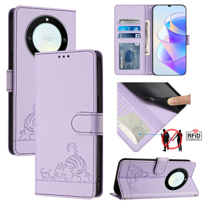 Honor X40 5G Cat and Rat Embossed Pattern, RFID Leather Phone Case with Lanyard, Kickstand, and Wallet Features