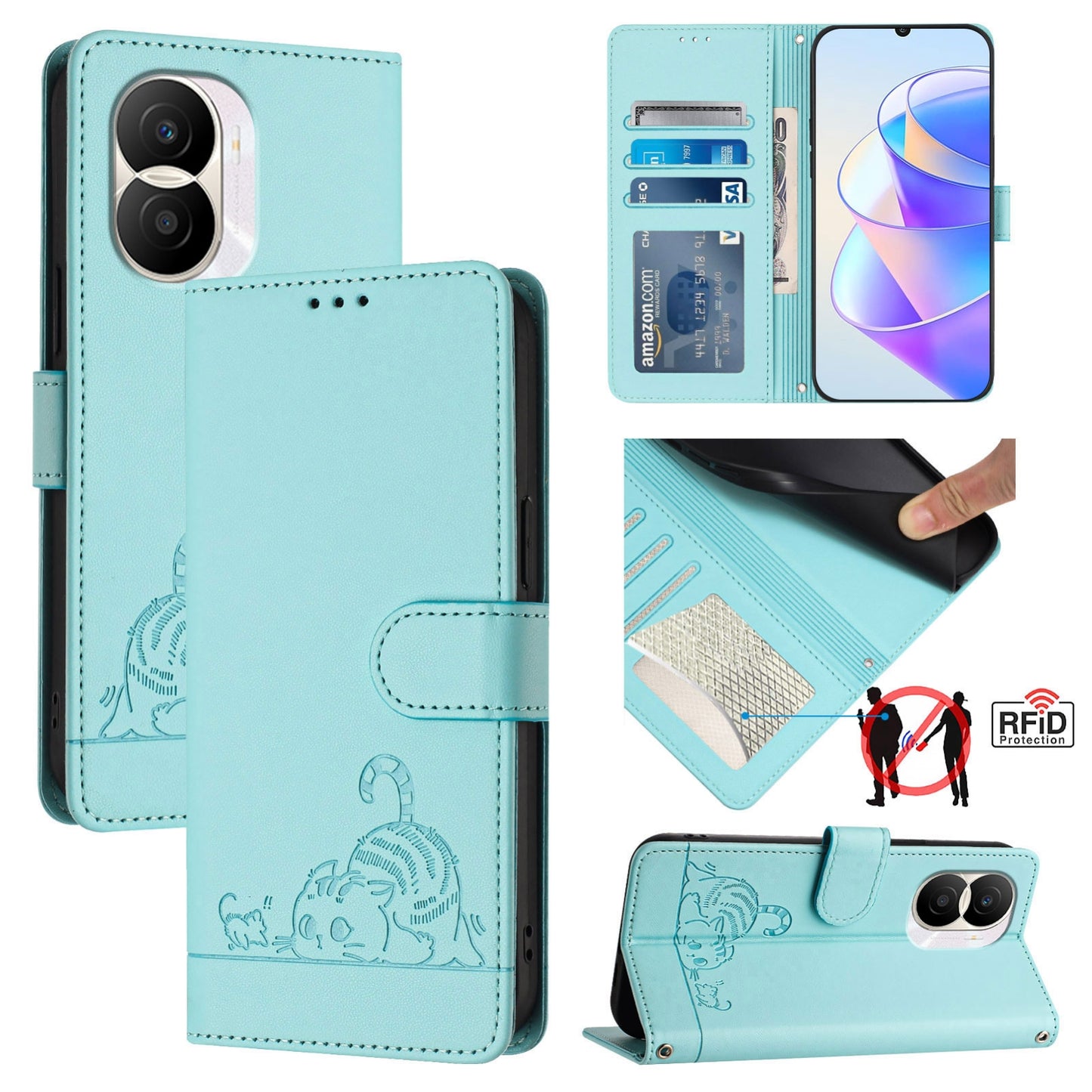 Honor X40i 5G Cat and Rat Embossed Pattern, RFID Leather Phone Case with Lanyard, Kickstand, and Wallet Features