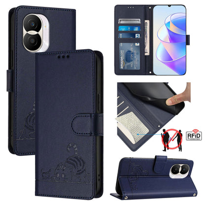 Honor X40i 5G Cat and Rat Embossed Pattern, RFID Leather Phone Case with Lanyard, Kickstand, and Wallet Features