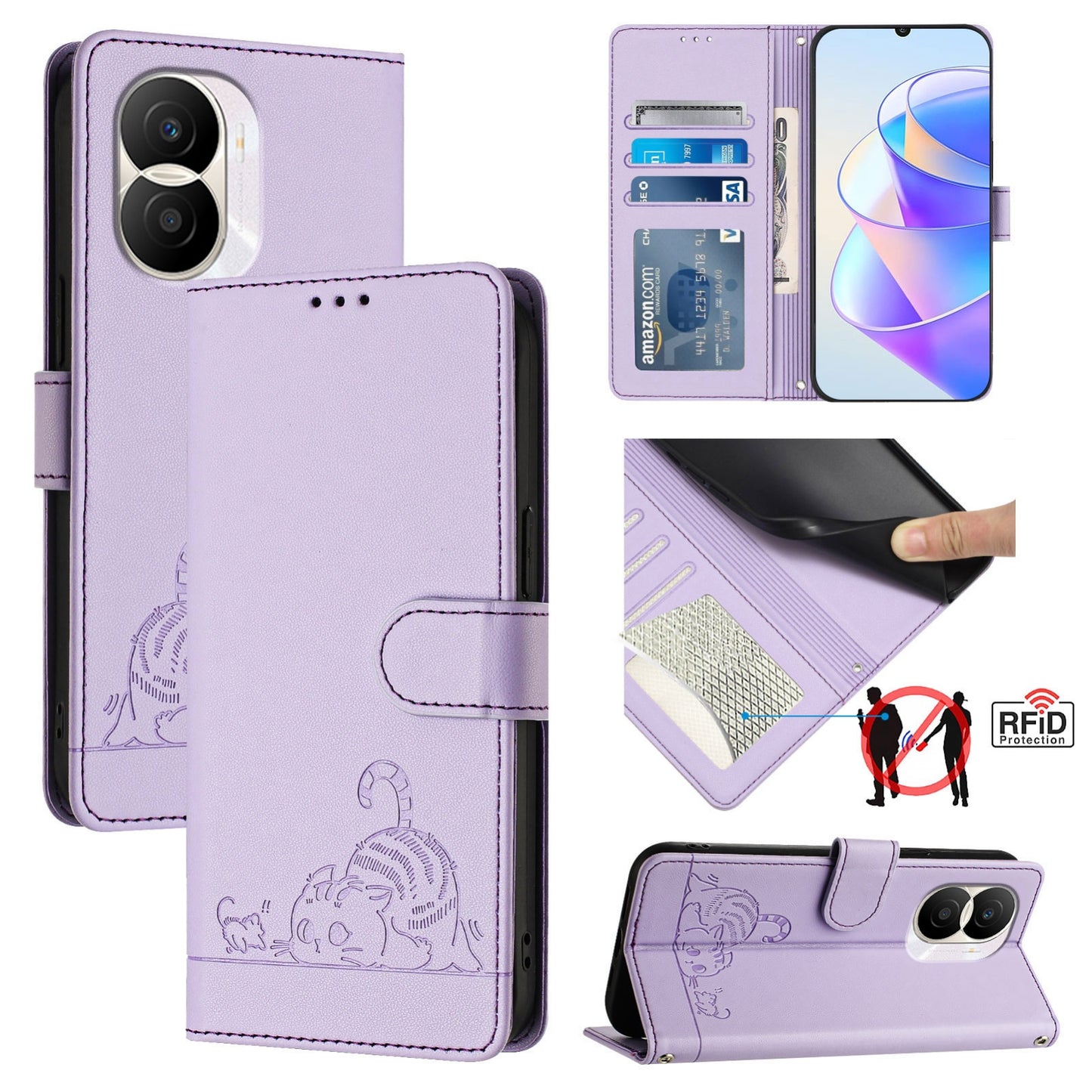 Honor X40i 5G Cat and Rat Embossed Pattern, RFID Leather Phone Case with Lanyard, Kickstand, and Wallet Features