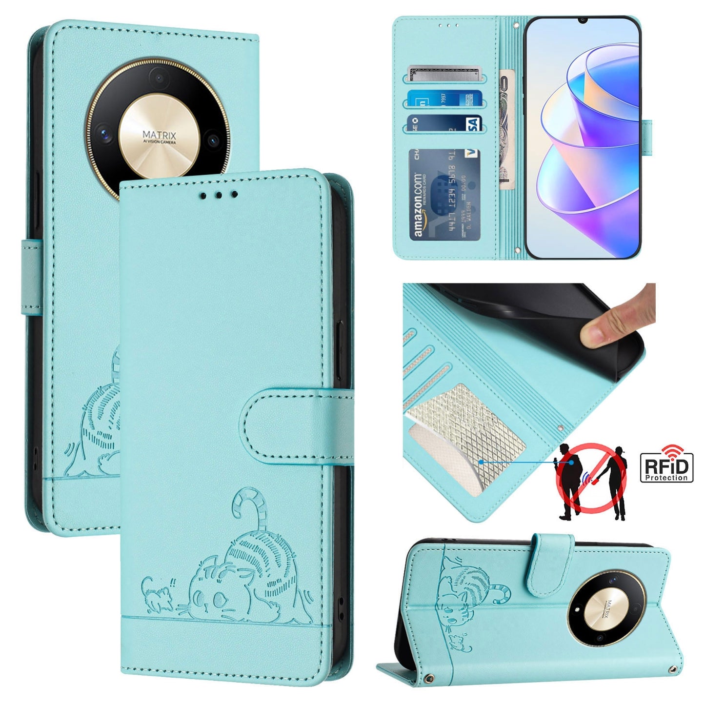 Honor X9b 5G Global Cat and Rat Embossed Pattern, RFID Leather Phone Case with Lanyard, Kickstand, and Wallet Features