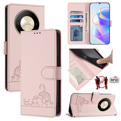 Honor X9b 5G Global Cat and Rat Embossed Pattern, RFID Leather Phone Case with Lanyard, Kickstand, and Wallet Features