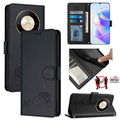 Honor X9b 5G Global Cat and Rat Embossed Pattern, RFID Leather Phone Case with Lanyard, Kickstand, and Wallet Features