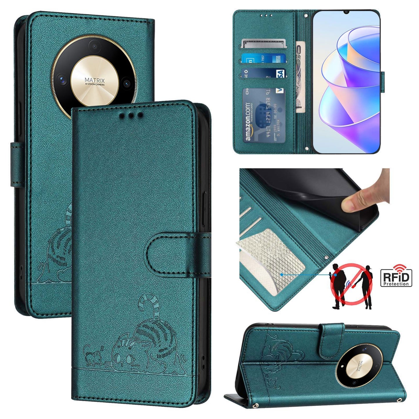 Honor X9b 5G Global Cat and Rat Embossed Pattern, RFID Leather Phone Case with Lanyard, Kickstand, and Wallet Features