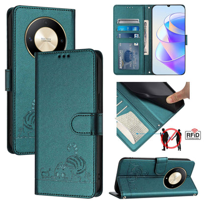 Honor X9b 5G Global Cat and Rat Embossed Pattern, RFID Leather Phone Case with Lanyard, Kickstand, and Wallet Features