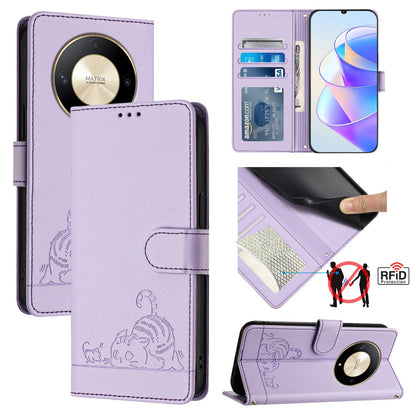 Honor X9b 5G Global Cat and Rat Embossed Pattern, RFID Leather Phone Case with Lanyard, Kickstand, and Wallet Features