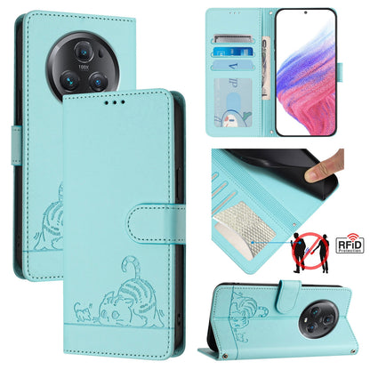 Honor Magic5 Pro Cat and Rat Embossed Pattern, RFID Leather Phone Case with Lanyard, Kickstand, and Wallet Features