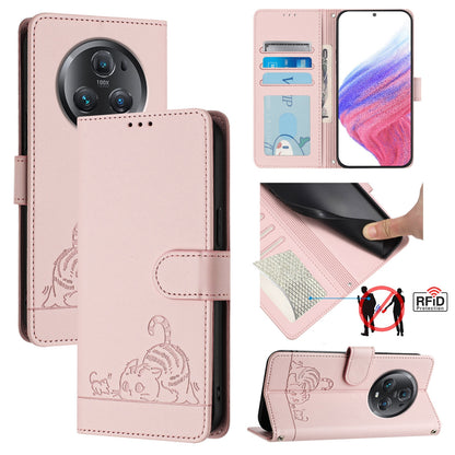 Honor Magic5 Pro Cat and Rat Embossed Pattern, RFID Leather Phone Case with Lanyard, Kickstand, and Wallet Features