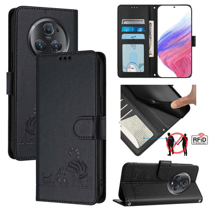 Honor Magic5 Pro Cat and Rat Embossed Pattern, RFID Leather Phone Case with Lanyard, Kickstand, and Wallet Features