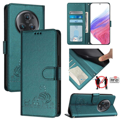 Honor Magic5 Pro Cat and Rat Embossed Pattern, RFID Leather Phone Case with Lanyard, Kickstand, and Wallet Features