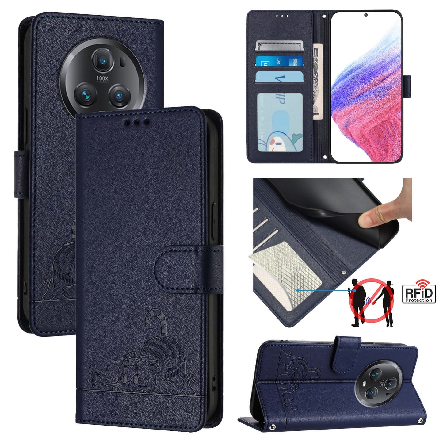 Honor Magic5 Pro Cat and Rat Embossed Pattern, RFID Leather Phone Case with Lanyard, Kickstand, and Wallet Features