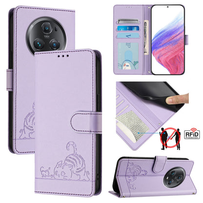 Honor Magic5 Pro Cat and Rat Embossed Pattern, RFID Leather Phone Case with Lanyard, Kickstand, and Wallet Features