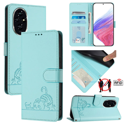 Honor 200 Cat and Rat Embossed Pattern, RFID Leather Phone Case with Lanyard, Kickstand, and Wallet Features