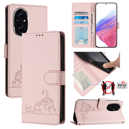 Honor 200 Cat and Rat Embossed Pattern, RFID Leather Phone Case with Lanyard, Kickstand, and Wallet Features