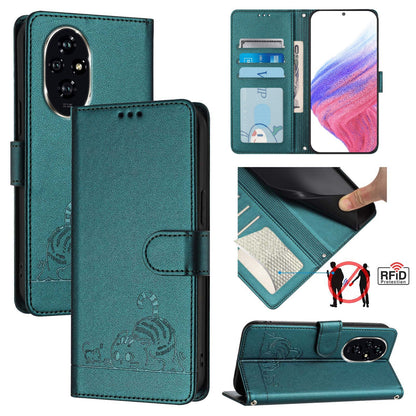 Honor 200 Cat and Rat Embossed Pattern, RFID Leather Phone Case with Lanyard, Kickstand, and Wallet Features