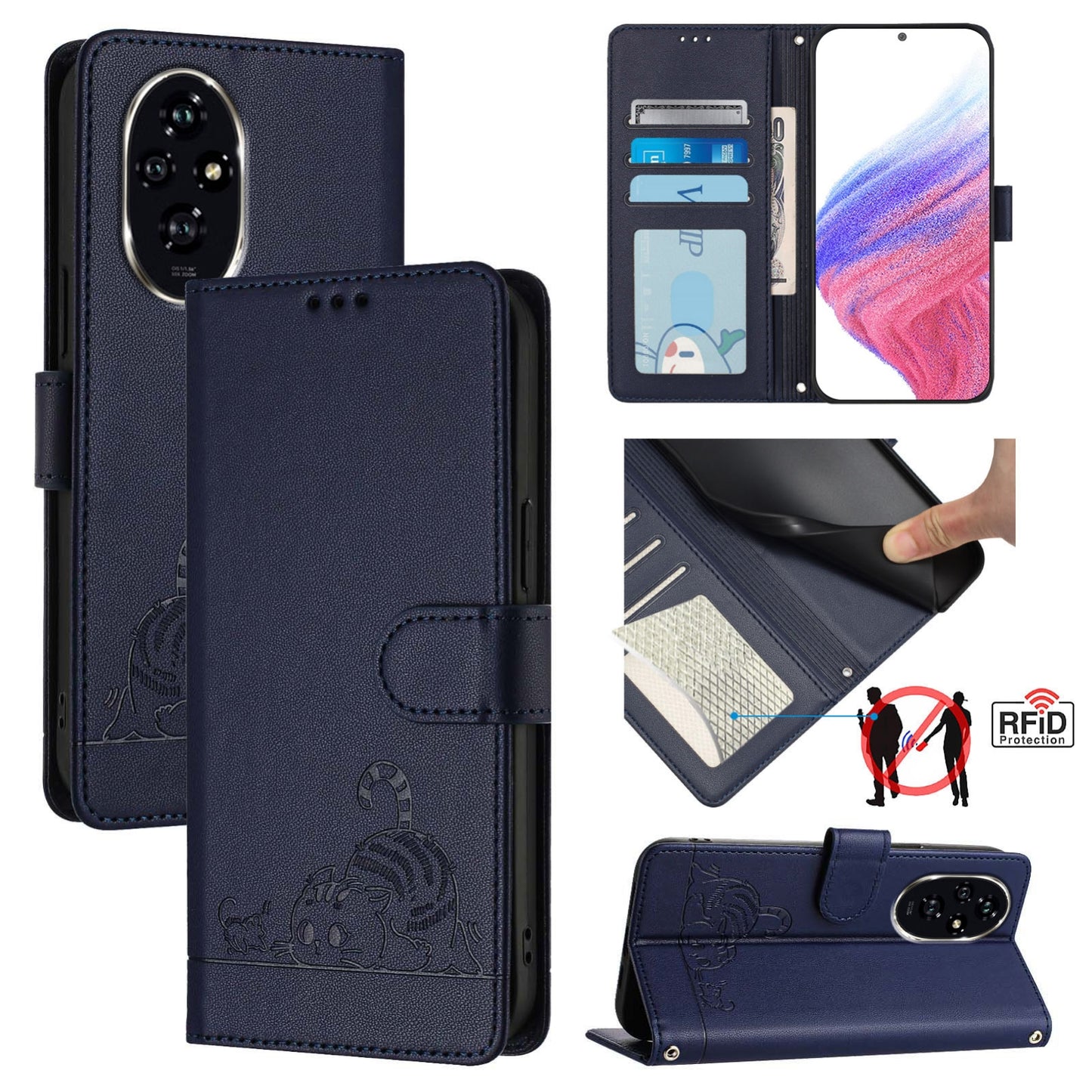 Honor 200 Cat and Rat Embossed Pattern, RFID Leather Phone Case with Lanyard, Kickstand, and Wallet Features