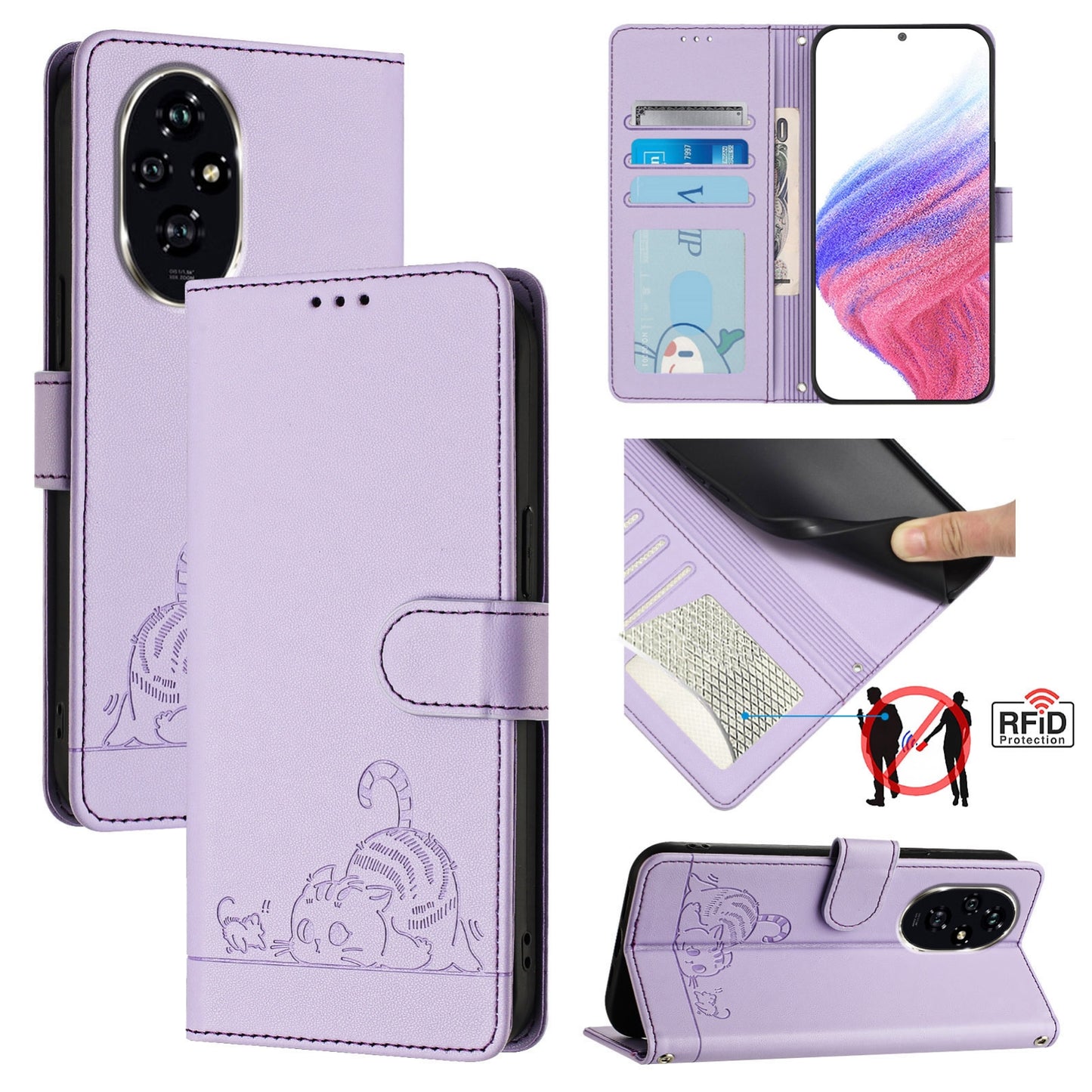 Honor 200 Cat and Rat Embossed Pattern, RFID Leather Phone Case with Lanyard, Kickstand, and Wallet Features