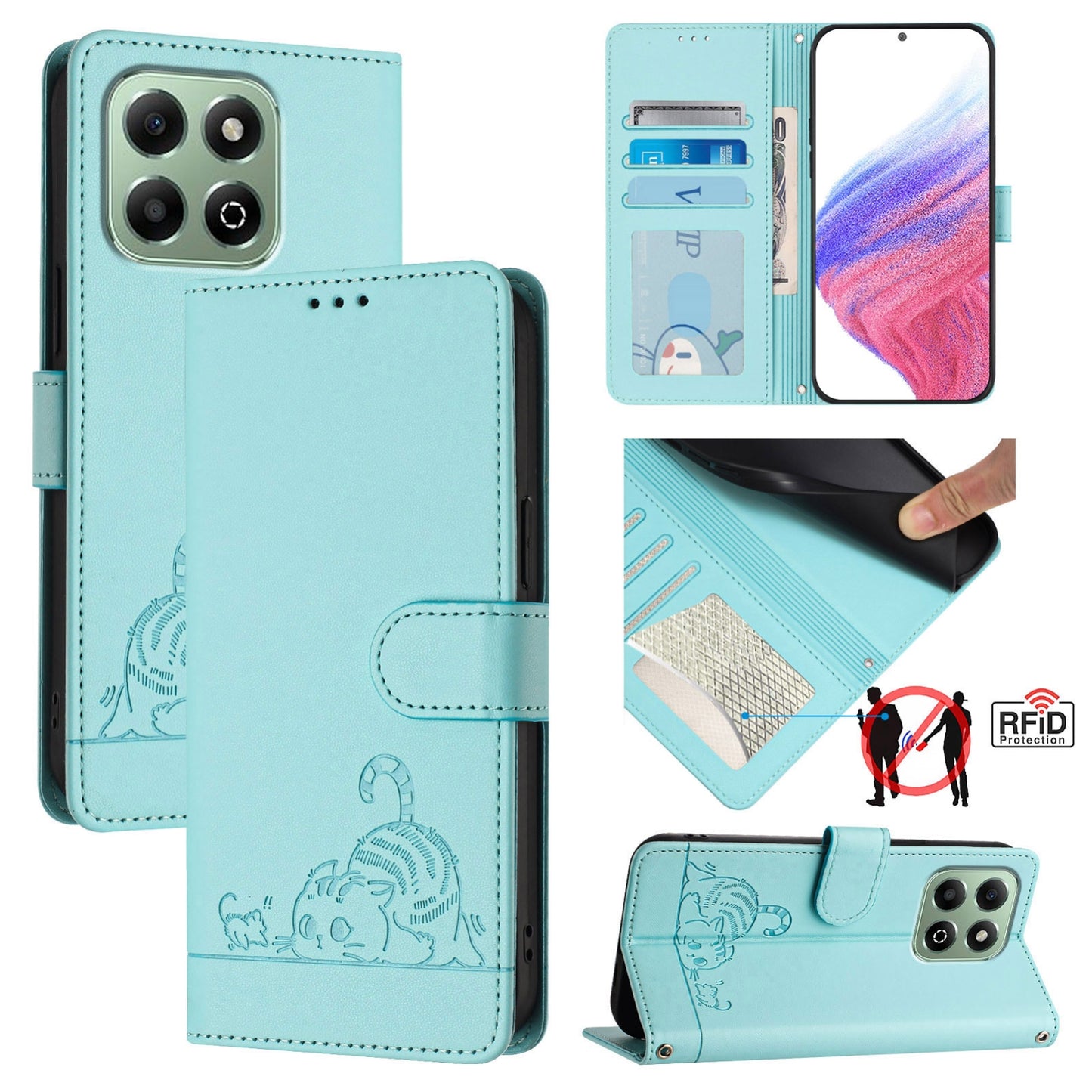 Honor X6b Cat and Rat Embossed Pattern, RFID Leather Phone Case with Lanyard, Kickstand, and Wallet Features